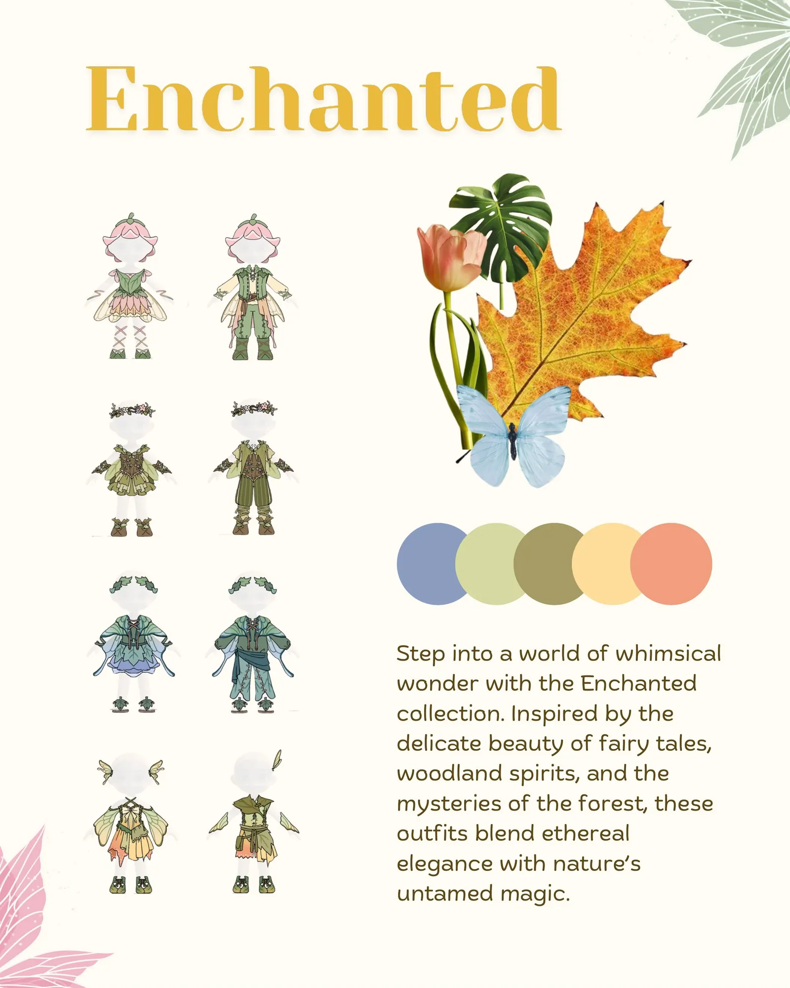 Official press kit costume sheet with layered fantasy outfits and colour swatches