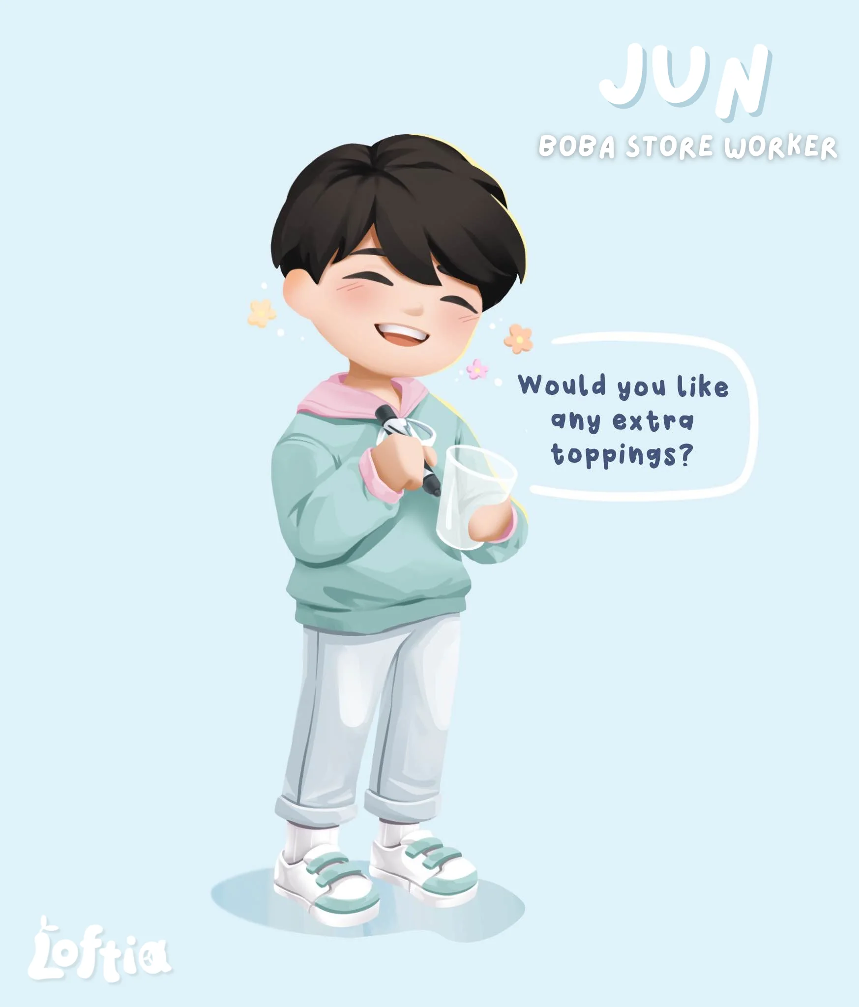 Jun character card showing his name, drinks vendor occupation and dialogue bubble