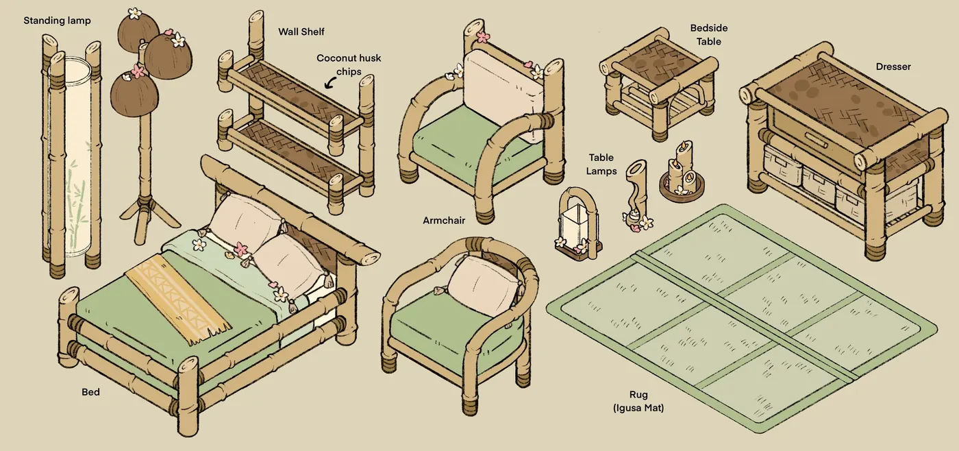 Official Loftia furniture concept art with bamboo lamp and woven rug