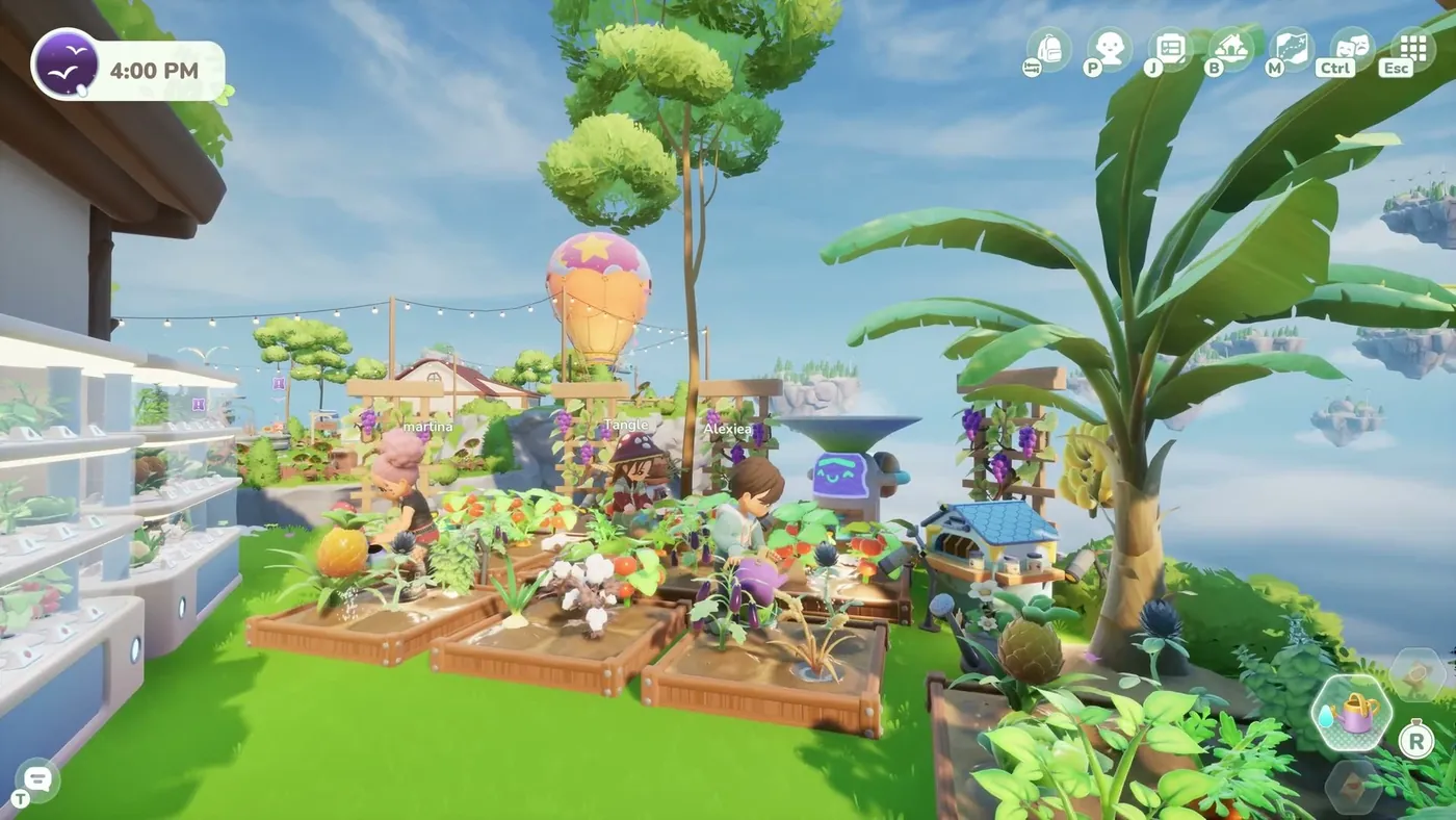 Official trailer frame of a rain-wet Loftia garden with banana trees and flower fields