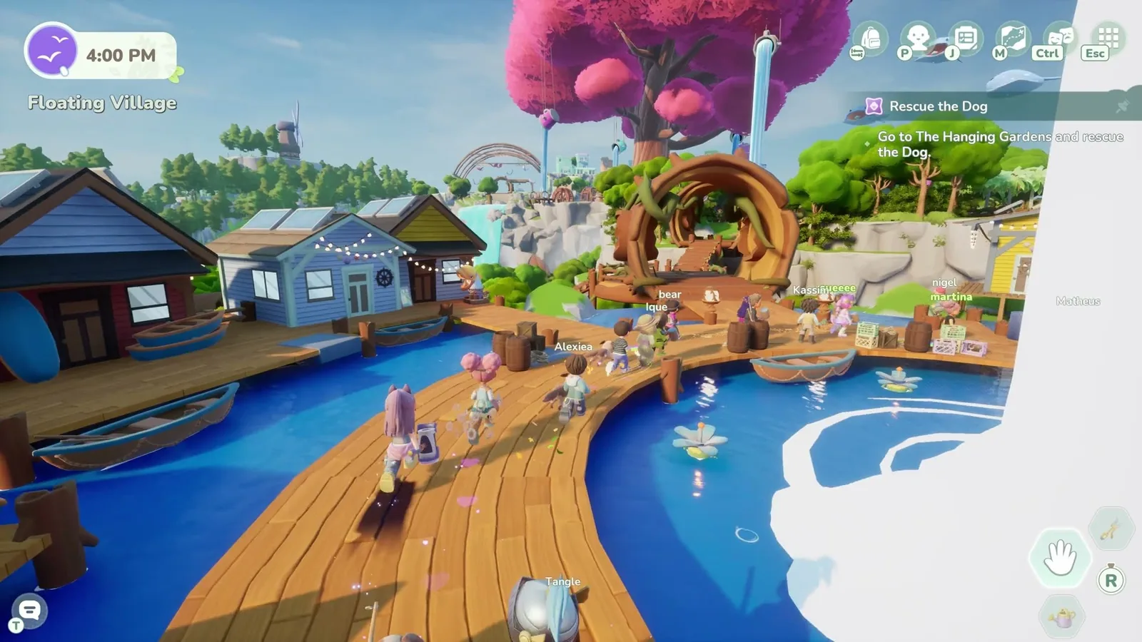 Wooden boardwalk and white balloons beside the Hanging Village pool