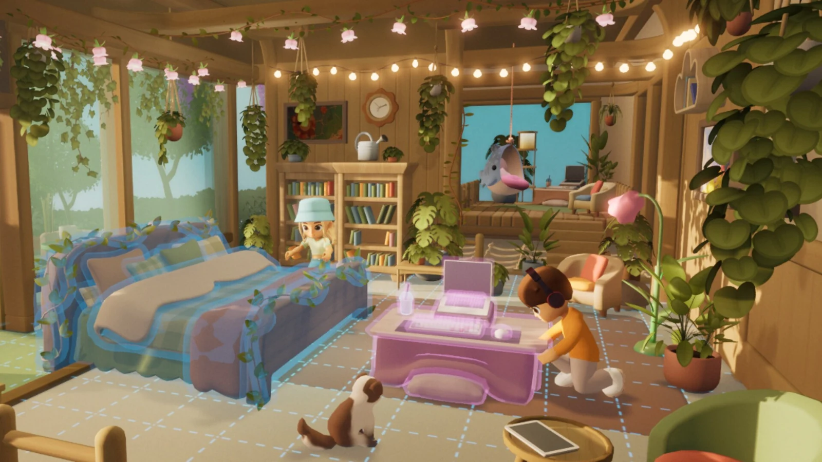 Cozy bedroom interior with string lights, plant shelves, a cat and pink furniture
