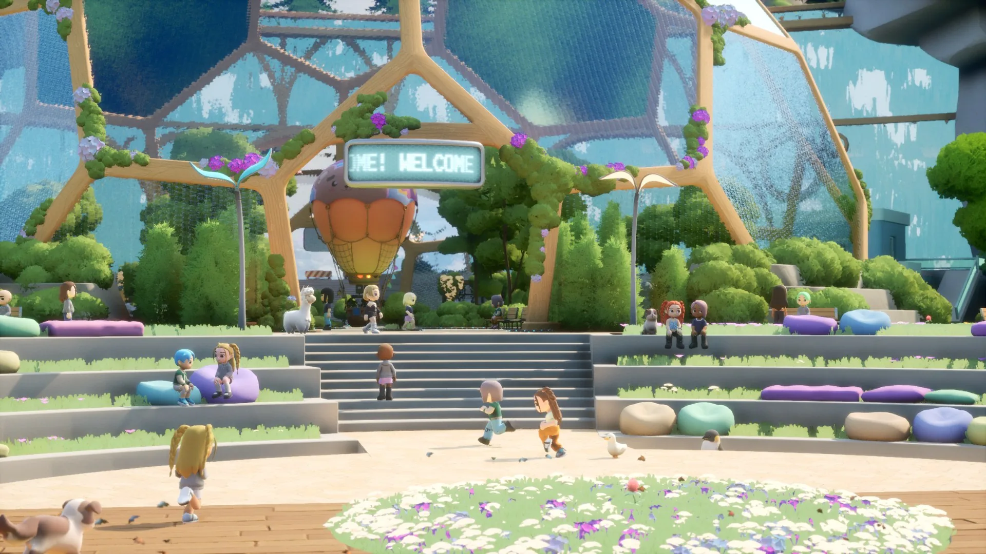 Loftia City glass dome plaza with parked hot air balloons