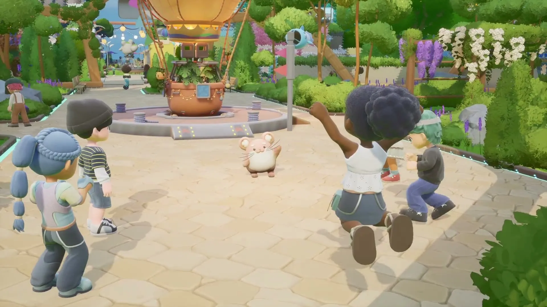 Players jumping in the Loftia City plaza while a capybara walks past