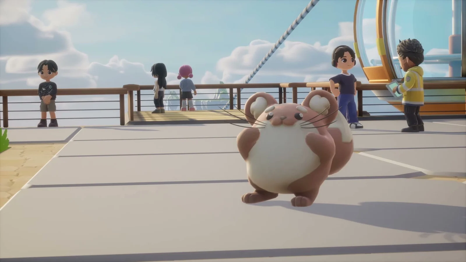 Capybara companion running past other players on the Loftia plaza boardwalk