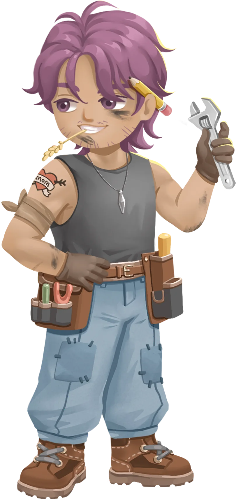 Milo the Repair Specialist, official full-body art of Loftia's junkyard genius