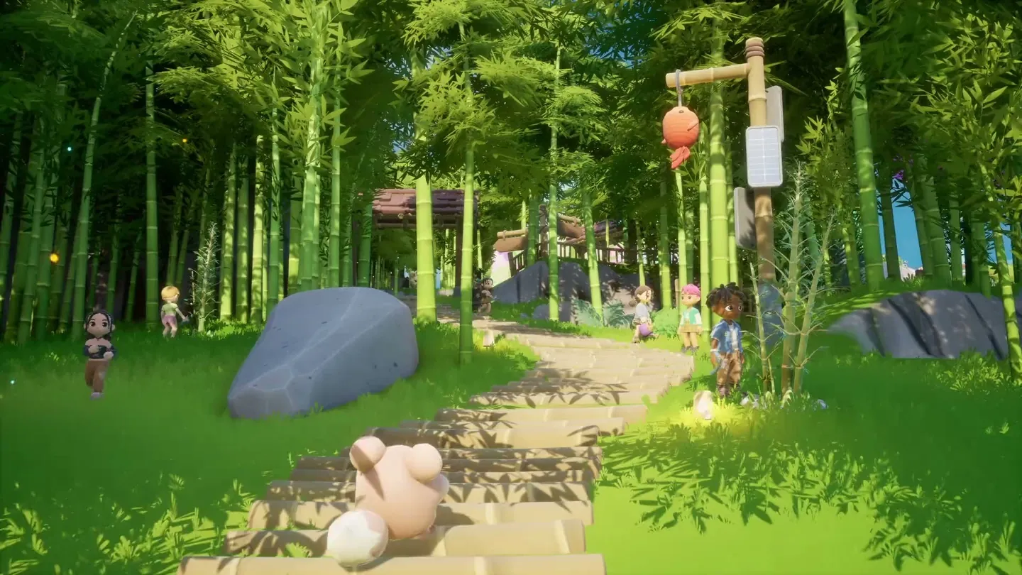Official trailer frame of a capybara and a player walking a bamboo forest path